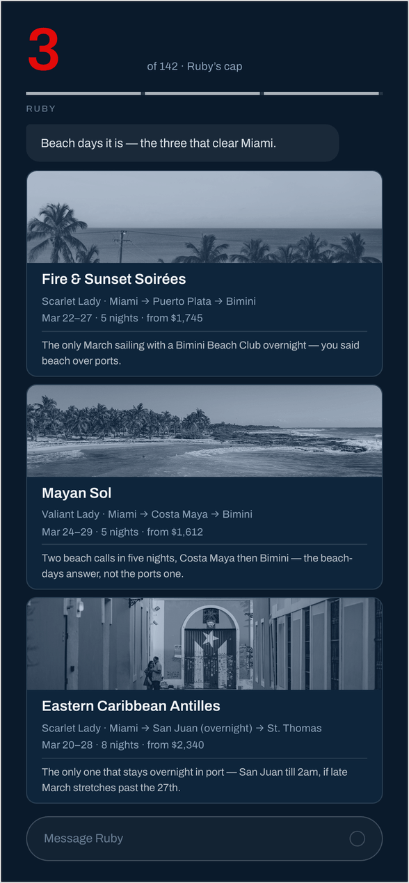 Rovey concierge, final three recommendations, each with a grounded reason.